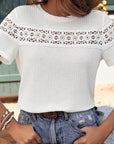 Women's Fashion Casual Rose Embroidery Lace Solid Color Crew Neck T-shirt Top