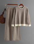 Contrast Color Round Neck Knitwear Wide Leg Pants Two-piece Set For Women