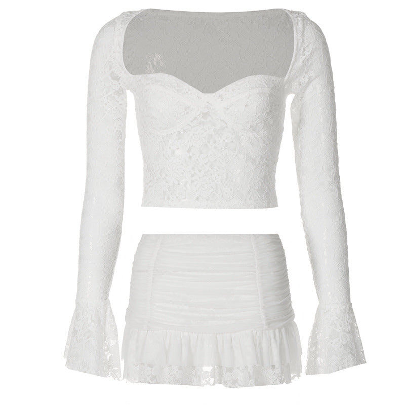 Sexy Low Cut Bell Sleeve Lace Midriff-baring Top Pleated Skirt Two-piece Set