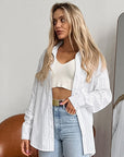 Women's White Cotton Jacquard Lapel Loose Casual Shirt