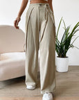 Women's High Waist Drawstring Patchwork Wide-leg Pants Casual Straight Pants