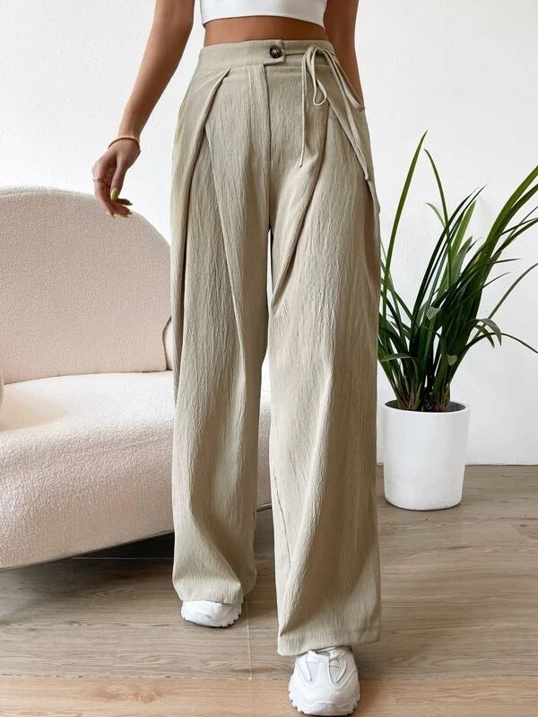 Women's High Waist Drawstring Patchwork Wide-leg Pants Casual Straight Pants