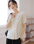 French Style White Short-sleeved Chiffon Shirt With Doll Collar Retro Lantern Sleeve