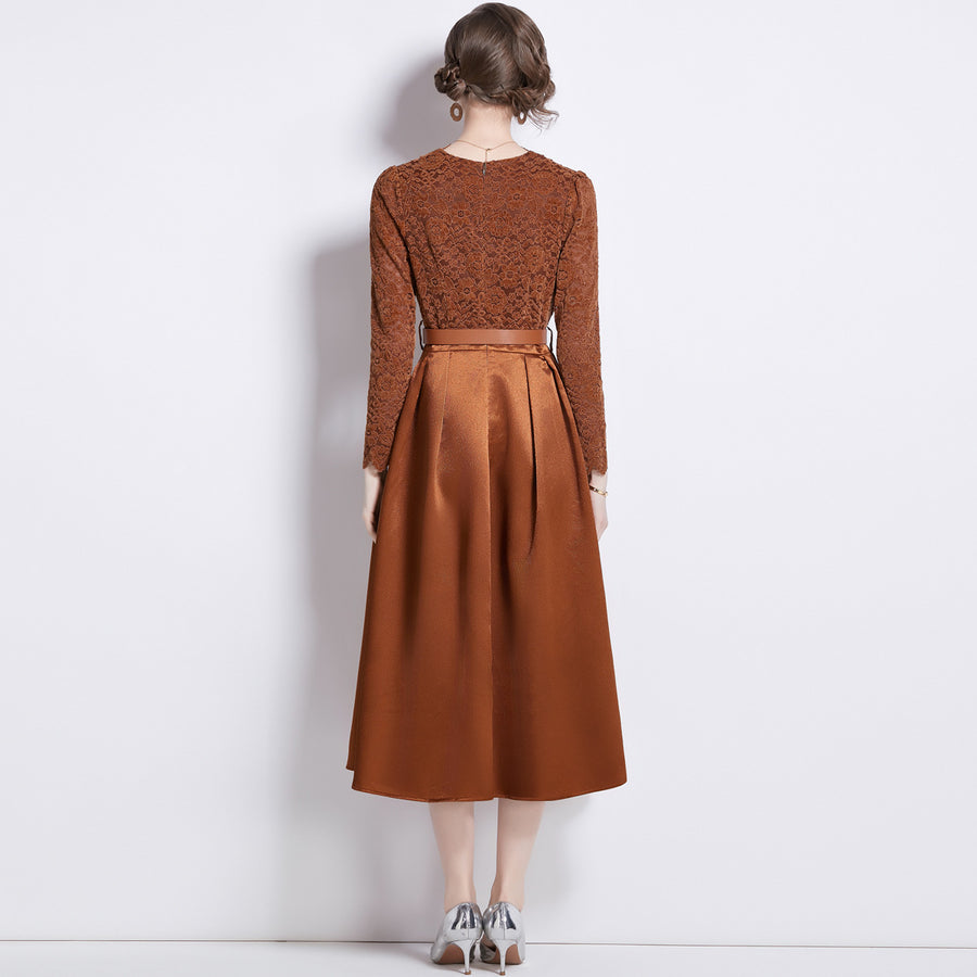 V-neck Waist-controlled Lace-up Large Swing Dress