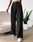 Women's High Waist Drawstring Patchwork Wide-leg Pants Casual Straight Pants