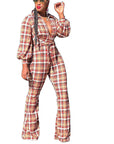 Women's Long-sleeved Printed Checks Jumpsuit