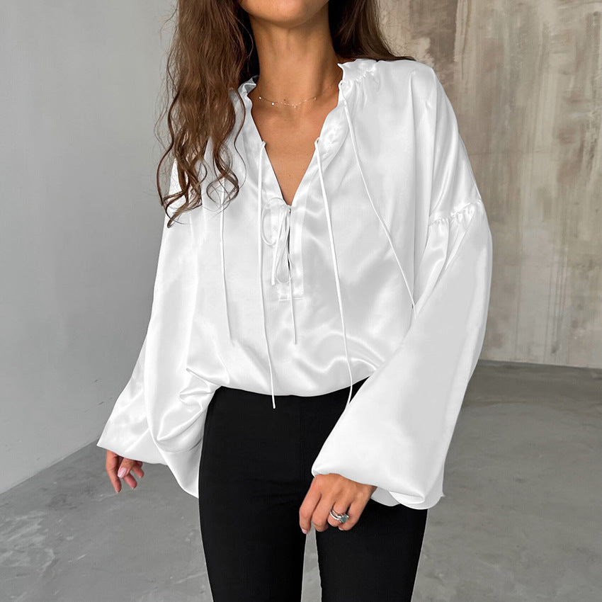 White Stand Collar Satin Top For Women