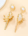 Conch Earrings European And American Exaggerated Alloy Inlaid Pearl SUNFLOWER Bohemian Style Ornament