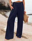 Casual Elastic High Waist Women's Cotton Linen Wide Leg Pants