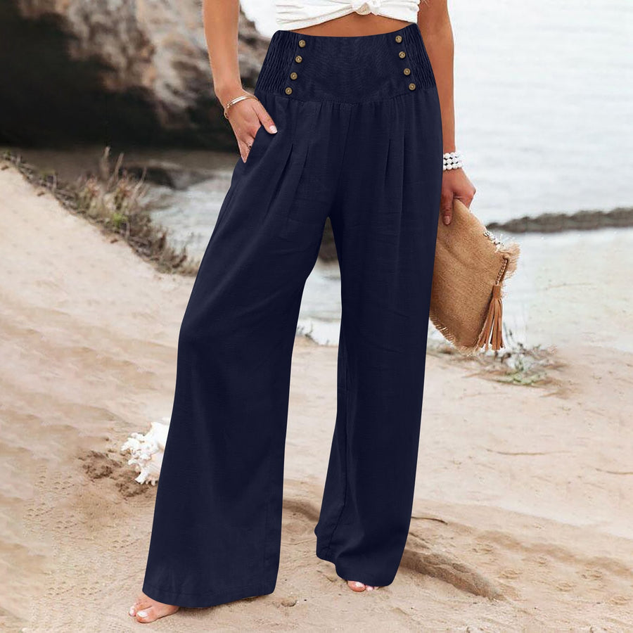 Casual Elastic High Waist Women's Cotton Linen Wide Leg Pants