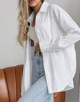 Women's White Cotton Jacquard Lapel Loose Casual Shirt