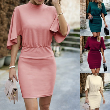 Solid Color Round Neck Sleeve One Step Dress