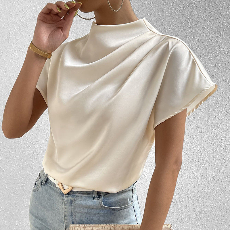 European And American Round Neck Solid Color Temperament Folding Loose Women's Tops