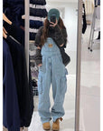 Fashion Brand Embroidery Splash-ink Khaki Denim Suspender Pants For Women