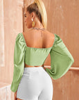 Ultra Short Lace Up Slim Fit Puff Sleeve Long Sleeve Top