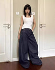 American High Street Vibe Dark Blue Jeans Washed Loose High Waist Straight Mopping Pants