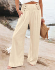 Casual Elastic High Waist Women's Cotton Linen Wide Leg Pants