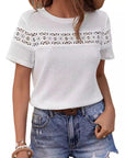 Women's Fashion Casual Rose Embroidery Lace Solid Color Crew Neck T-shirt Top