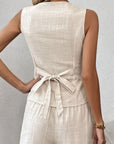 Women's Khaki Cotton Linen V-neck Sleeveless Waistcoat Vest Shorts Casual Suit