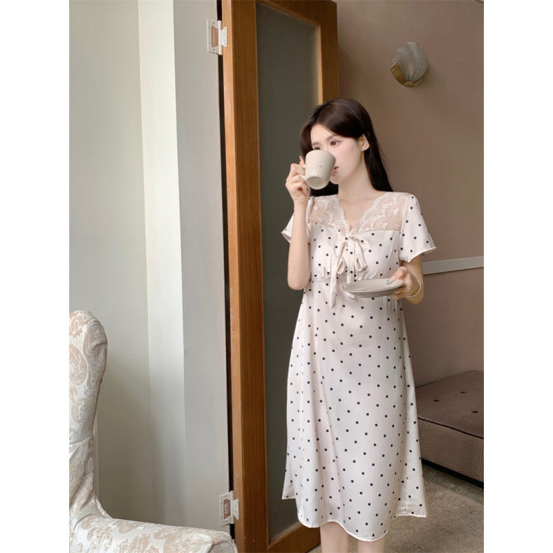 Summer Short Sleeve Ice Silk Polka Dot Lace Home Wear Nightdress