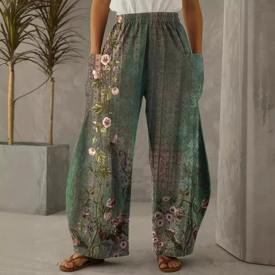 Spring And Summer Retro Floral Pattern Wide Leg Trousers Elastic Waist European And American Style Women's Clothing