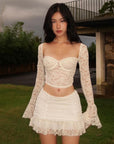 Sexy Low Cut Bell Sleeve Lace Midriff-baring Top Pleated Skirt Two-piece Set