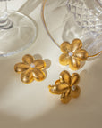 Fashion 18K Gold Stainless Steel Brushed Flower Rhinestone Earrings