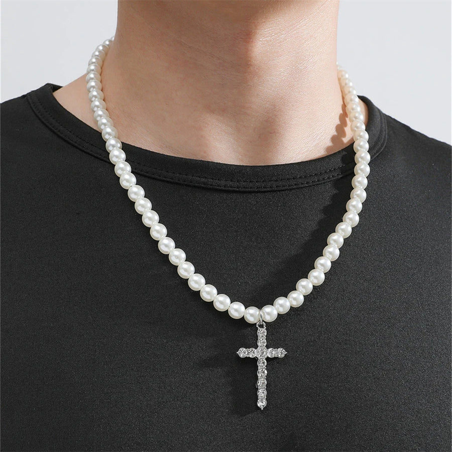 Retro Easy Matching Imitation Pearl Diamond Cross Men's Pendant Necklace