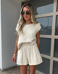 Women's Khaki Cotton And Linen Drop-shoulder Sleeve Vest Shorts Two-piece Set