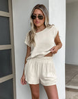 Women's Khaki Cotton And Linen Drop-shoulder Sleeve Vest Shorts Two-piece Set