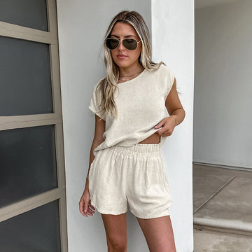 Women's Khaki Cotton And Linen Drop-shoulder Sleeve Vest Shorts Two-piece Set