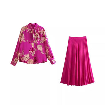 Women's Fashion Stand-up Collar Tie Printed Long Sleeve Shirt Pleated Mid-length Skirt Suit