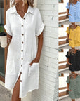 Summer Short Sleeve Shirt Dress Fashion Solid Color Single-breasted Mid-length Loose Dress