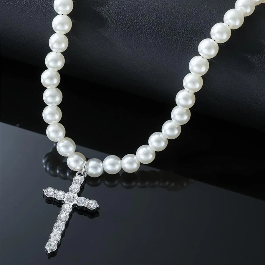 Retro Easy Matching Imitation Pearl Diamond Cross Men's Pendant Necklace