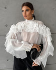 Ruffled Graceful Stand Collar Tencel Shirt