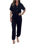 All-matching Solid Color Casual Polo Collar Shirt Wide Leg Jumpsuit For Women