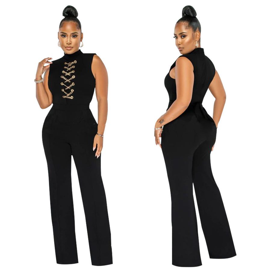 Women's Fashion Solid Color Sleeveless Stand Collar Round Neck Jumpsuit