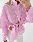 Women's Preppy Style Sweet Pink Striped Loose Outer Cotton Shirt