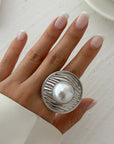 Alloy Winding Geometric Corrugated Pearl Ring