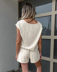 Women's Khaki Cotton And Linen Drop-shoulder Sleeve Vest Shorts Two-piece Set