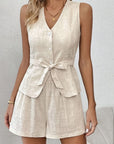 Women's Khaki Cotton Linen V-neck Sleeveless Waistcoat Vest Shorts Casual Suit