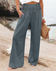 Casual Elastic High Waist Women's Cotton Linen Wide Leg Pants