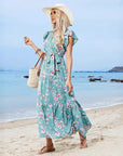 European And American Printed Waist Girdling Band V-neck Dress Bohemian Holiday Beach Dress