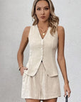 Women's Khaki Cotton Linen V-neck Sleeveless Waistcoat Vest Shorts Casual Suit