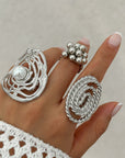 Alloy Winding Geometric Corrugated Pearl Ring