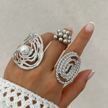 Alloy Winding Geometric Corrugated Pearl Ring