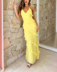 European And American Multi-layer Wooden Ear Backless Halter Long Dress