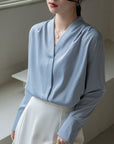 Korean Style Versatile V-neck Long Sleeve Satin Blouse Women's Tops