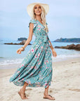 European And American Printed Waist Girdling Band V-neck Dress Bohemian Holiday Beach Dress