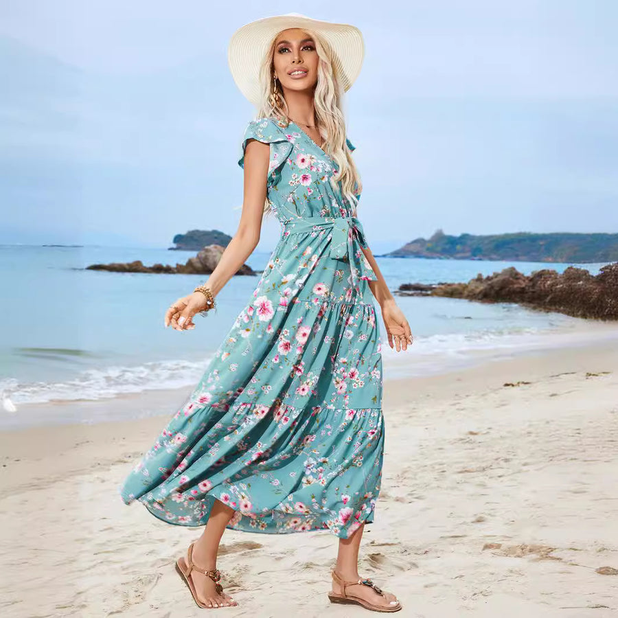 European And American Printed Waist Girdling Band V-neck Dress Bohemian Holiday Beach Dress